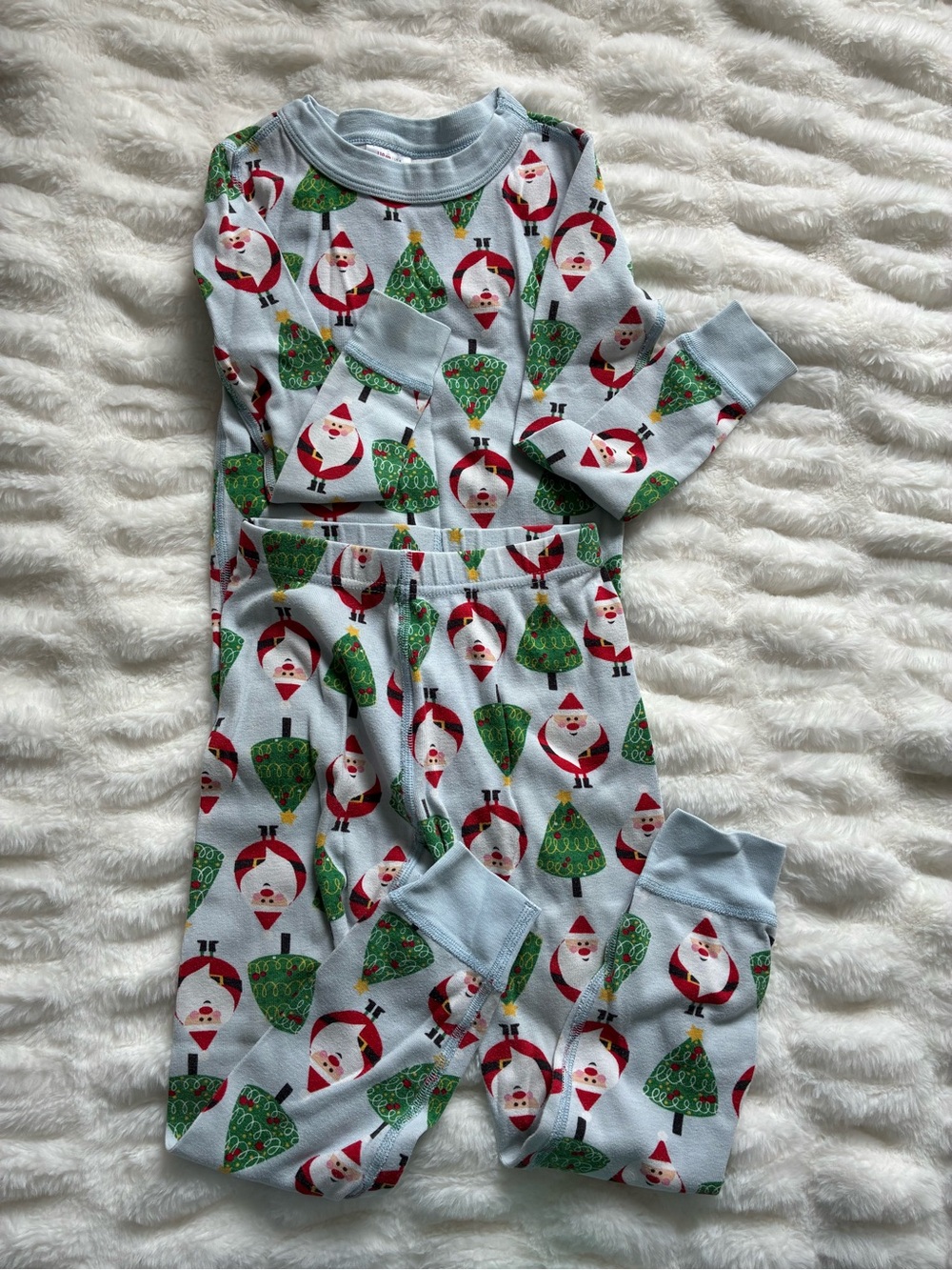 Hanna Andersson Light Blue Kids Santa & Green Tree Pajama Set